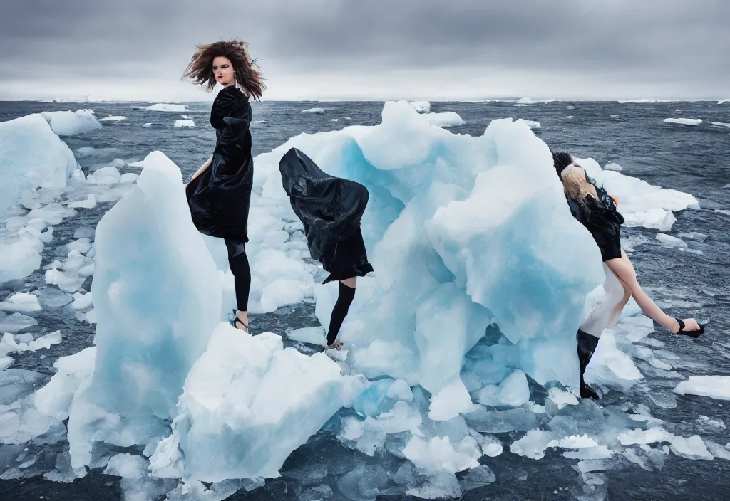 Prompt: fashion editorial on melting iceberg. gigantic ice falling in the sea. huge waves. wide angle shot. highly detailed. depth of field. high definition. 8k. photography.