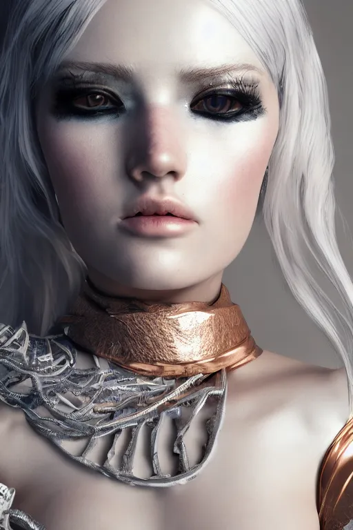 Prompt: white cyborg fashion shot, copper spiral hair decorations, white elegant baroque design, pretty face, photorealistic, 8k, hyper detailed, unreal engine, trending on artstation,