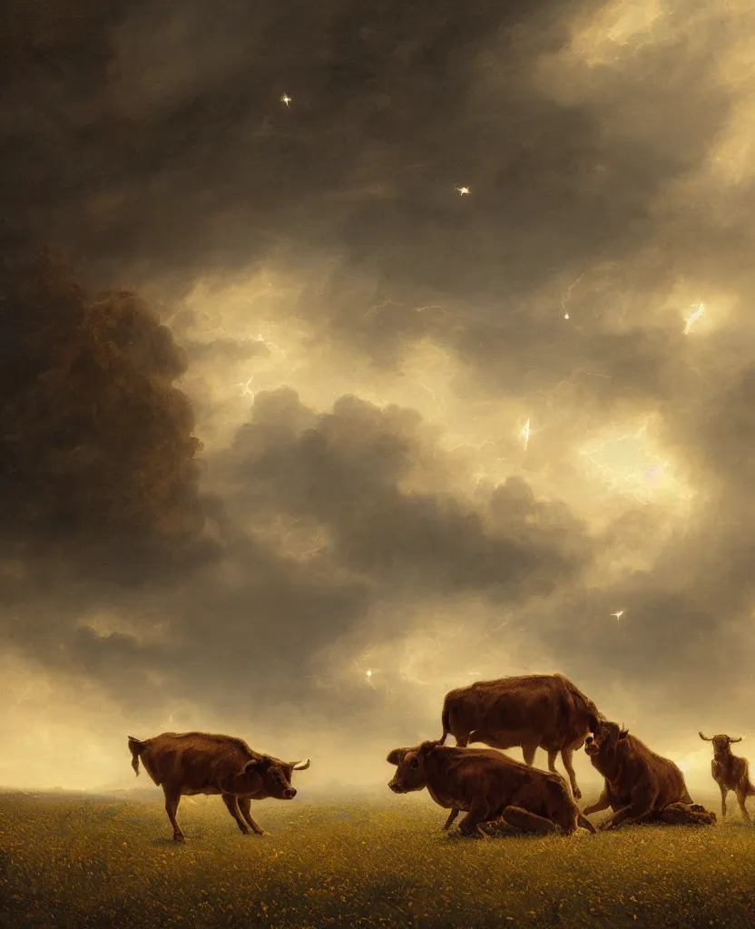 Image similar to a two headed brown calf ( alone ) in a pasture, windy, stoic, modern, cgsociety, hyperdetailed, dramatic, stars, epic painting, shooting stars, painted by jean honore fragonard and greg rutkowski, full body, octane render, sharpness, 8 k, golden ratio