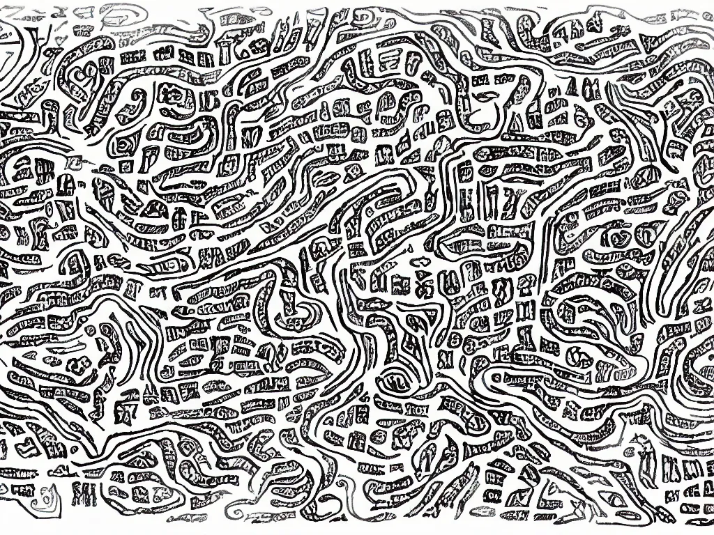 Image similar to Cave map full of old runic glyphs, Ink drawing, fine point pen, Deven Rue