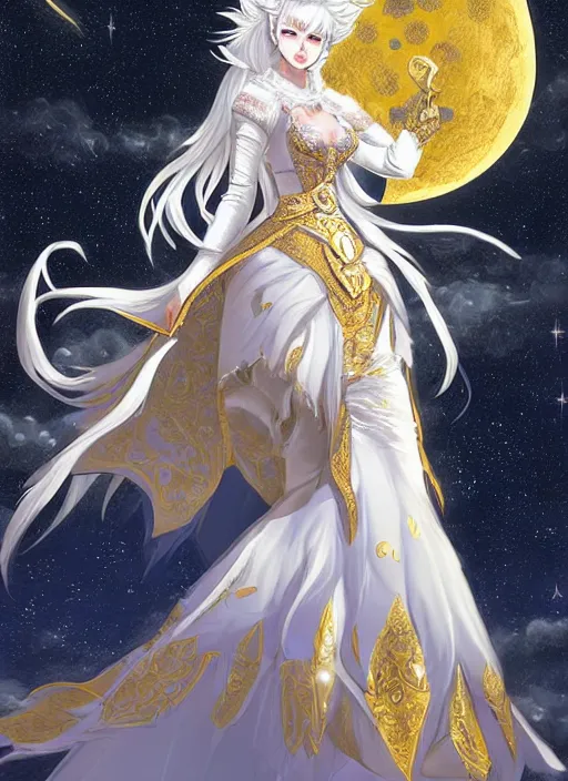 Image similar to commissioned full body portrait of a female anthro werewolf princess fursona with white hair wearing a white and gold Chinese armored dress in a white and gold palace on a starry night with a large crescent moon, by a professional manga illustrator, Stanley Artgerm Lau, WLOP, Rossdraws, James Jean, Andrei Riabovitchev, Marc Simonetti, and Sakimichan, trending on artstation