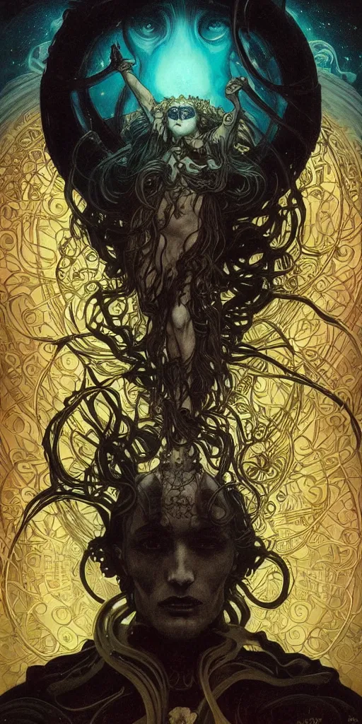 Image similar to intense glowing pagan black metal god with horns and tentacles and intense glowing eyes and a skull in very dark cosmic space by alphonse mucha and karol bak and artgerm and beksinski, portrait, fantasy, clear, light beams, lens flare, intense, uhd, amazing depth, cinematic lighting, gold and black and teal