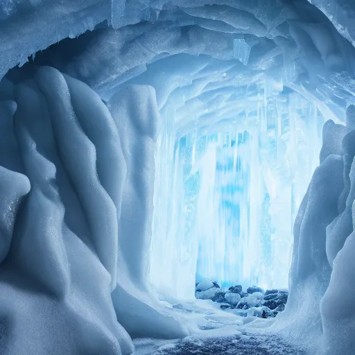 Image similar to frozen cold ice cave in iceland, octane render, unreal engine 5, photoreal 🧊❄️🥶, cold atmosphere, deep image, sharp focus, 8k, 4k