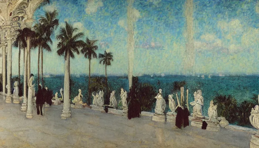 Prompt: a ultradetailed beautiful painting of the night sky of the amazonas palace balustrade designed by jules bastien - lepage, tarsila do amaral, frank weston and gustave baumann, beach, trending on artstation, mediterranean, palm trees, sharp focus, giant greek columns, soft light, 8 k 4 k