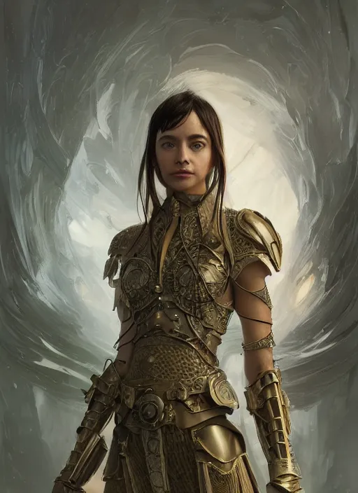 Image similar to a professional portrait of a beautiful young female, clothed in ethereal battle armor, olive skin, long dark hair, beautiful bone structure, symmetrical facial features, intricate, elegant, digital painting, concept art, smooth, sharp focus, finely detailed, illustration, from Valerian and the City of a Thousand Planets, in the style of Ruan Jia and Mandy Jurgens and Artgerm and Greg Rutkowski and William-Adolphe Bouguerea