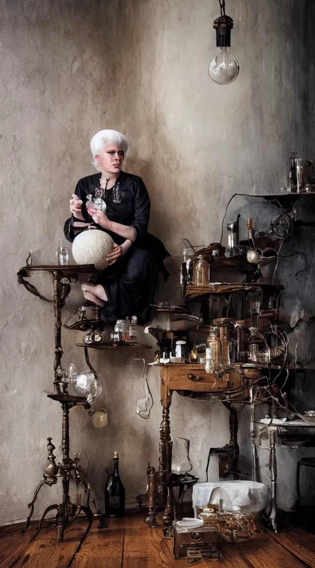 Image similar to full body protrait beautifull witch with white hair in old room. A cristal ball on a wood table with a potions and old instruments. A cat on the floor licking his paw. photorealistic, profesional photo, by Steve McCurry