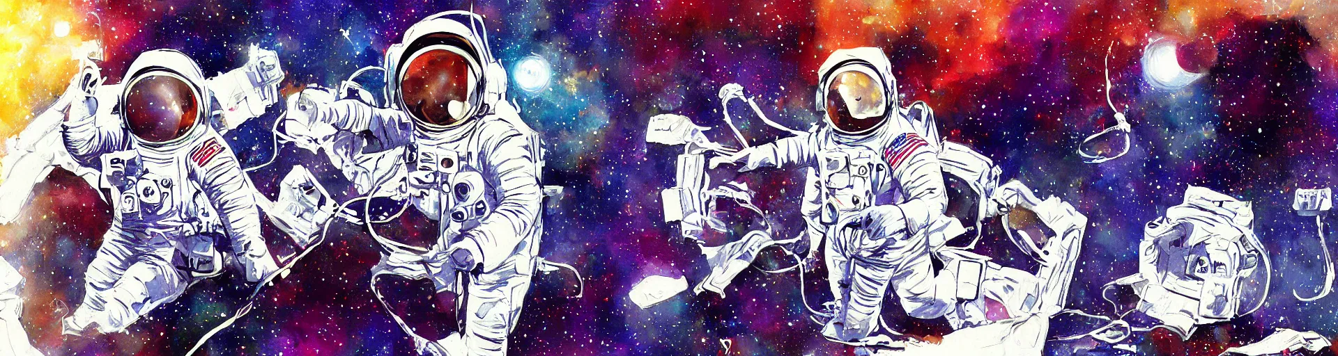 Image similar to an astronaut with headphone playing keyboard in the space, digital painting, digital art, bill sienkiewicz