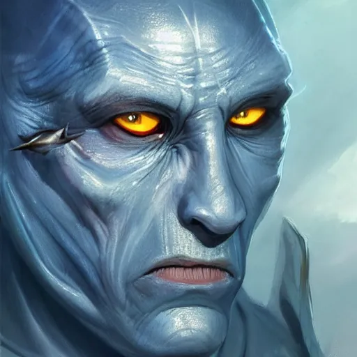 Image similar to blue skin half shark half man wearing robes, naval background, fantasy, D&D, portrait, piercing stare, highly detailed, high detailed face, digital painting, HD, artstation, concept art, matte, sharp focus, illustration, art by artgerm and greg rutkowski