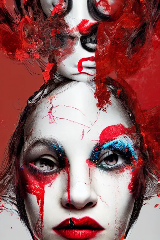 Image similar to glitched mix of endless female faces and red paint in style of neo-dada