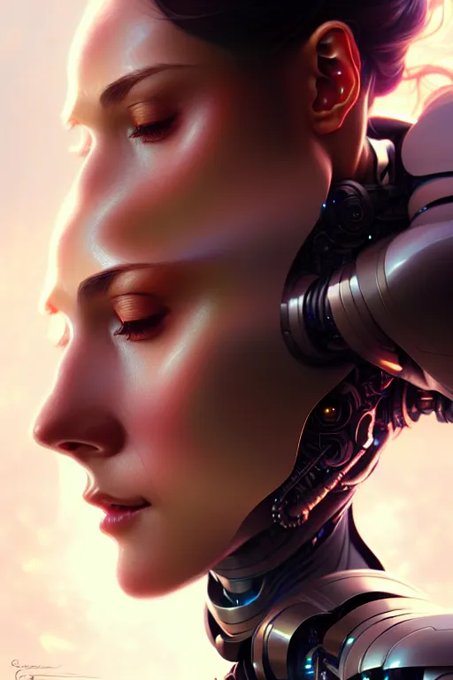 Image similar to portrait of ultra realistic, beautiful cyborg woman, sci-fi, fantasy, manga, intricate, elegant, highly detailed, digital painting, octane render, artstation, concept art, smooth, sharp focus, illustration, art by artgerm and and greg rutkowski and alphonse mucha