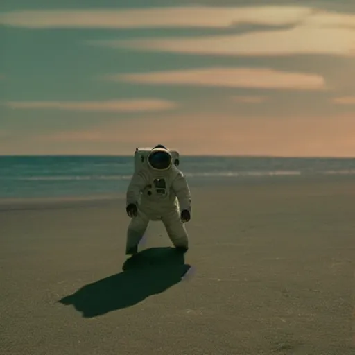 Image similar to a beautiful photo of an astronaut on the beach in the summer, 1 9 7 0, soft light, morning light, photorealistic, realistic, octane, 8 k, cinematic shot