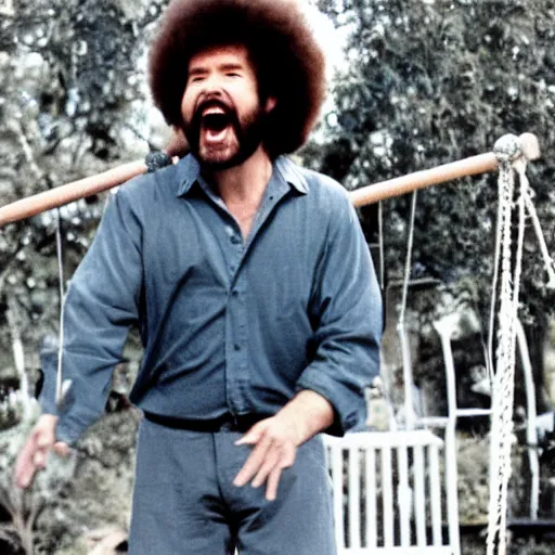 Image similar to bob ross screaming on a swingset