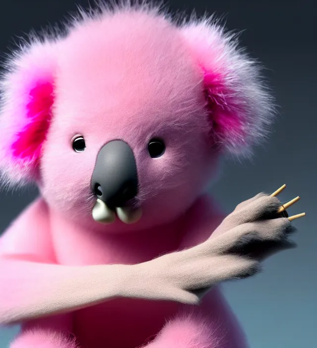 Image similar to high quality 3 d render hyperrealistic very cute small pink koala smoking weed joint, rising smoke, plush mascot, short spiky dense fluffy smooth hair, photo from the side, pink fluffy fur, 1 5 0 mm, beautiful natural soft light, rim light, vray, smooth background, artstation, ultra detailed