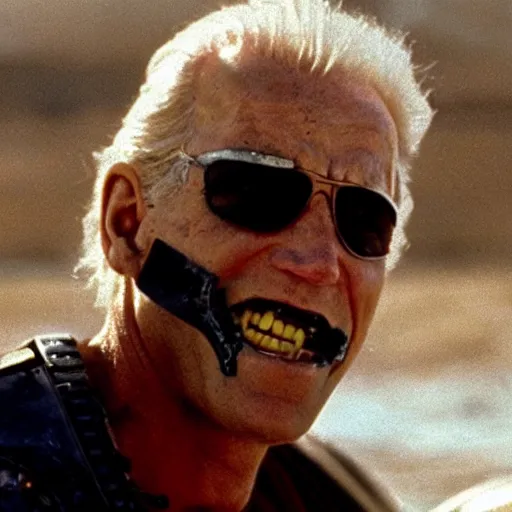 Image similar to The coolest action shot of the lead actor Joe Biden from the movie Mad Max (1988)