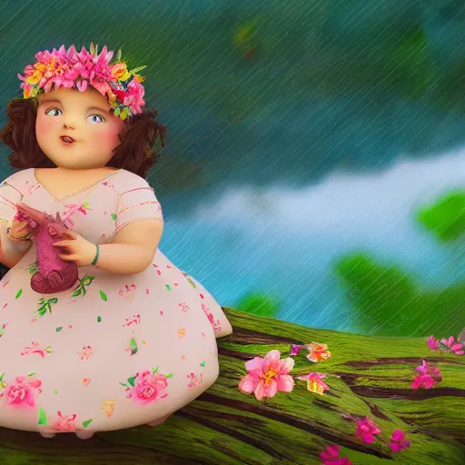 Prompt: old photo style. a little fat sweet girl with flowery dress, sitting on a curly branch, and hugging a colorful fish, by the stormy lake. clear beautiful fat face. morning time. beautiful lighting, 4 k post - processing, trending in art station, cg society, highly detailed, 5 k extremely detailed, 3 d. stylize scene.