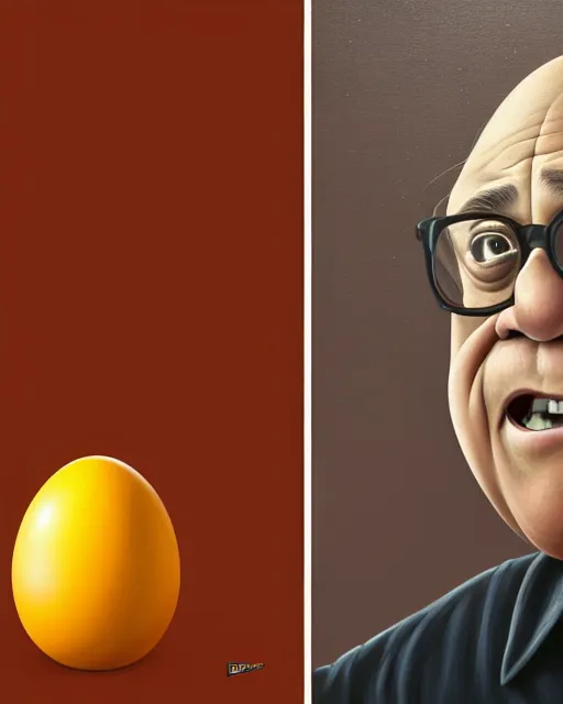 Image similar to painting portrait of danny devito as an egg, cartoon, warm lighting, danny devito has an egg body, movie poster, illustration by bartek fedyczak, erak note, tooth wu, neil richards, kan liu, siwoo kim, jisu choe, trending on art station