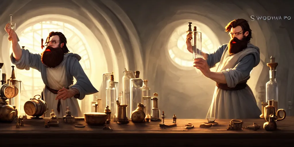 Prompt: a handsome bearded white male sorcerer with brown hair he is casting a spell, he is in a alchemist workshop filled with beakers and equipment, neutral pose, sharp focus, waist up, epic composition, 4 k, by rudy siswanto and anna podedworna