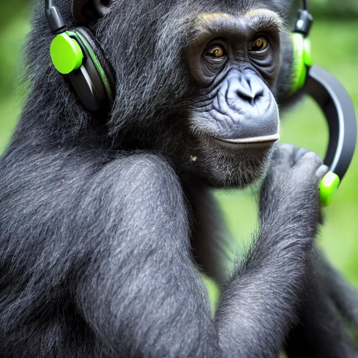 Image similar to a high quality photo of a green chimp wearing headphones, realism, 8k