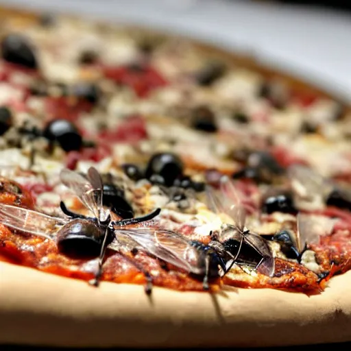 Prompt: plenty of insects on a disgusting moldy pizza