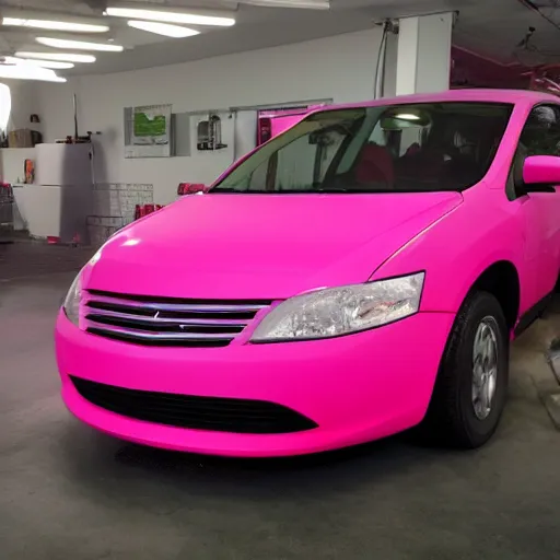 Image similar to a pink car parked in a ping garage