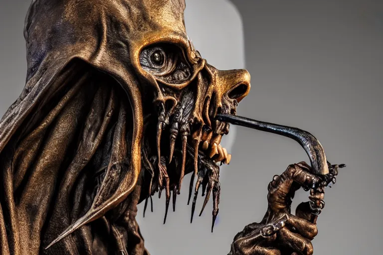 Image similar to photo taken of an epic intricate, ultra detailed, super realistic sculpture of a nightmarish hellish demonic hooded grim reaper on display in a workshop, created by weta workshop, zoomed in shots, photorealistic, sharp focus, f 0. 4, face centred, macro photography, golden ratio, golden hour