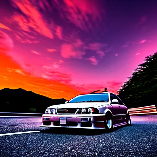 Image similar to a car drift spec JZX100 in middle of road, gunma prefecture, city sunset night, cinematic color, photorealistic, highly detailed