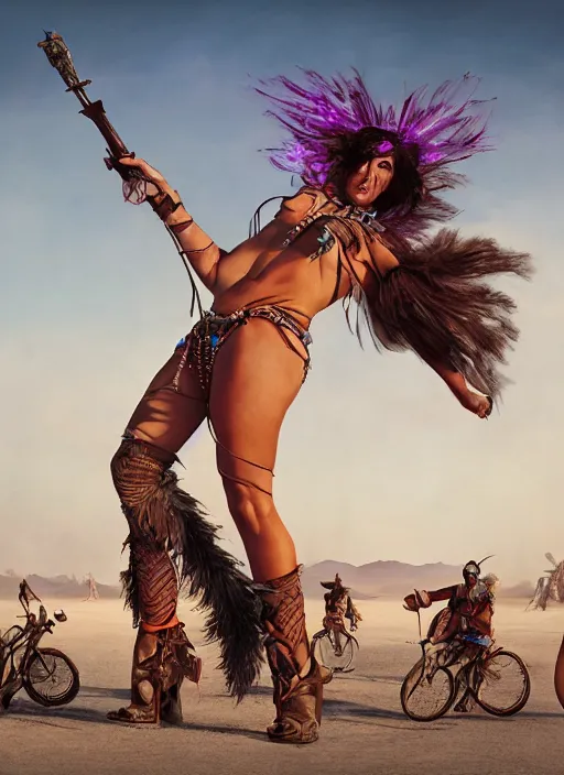 Image similar to hyper realistic photography of burningman festival warrior curvy partygirl cinematic, vallejo, julie bell, craig mullins greg rutkowski,