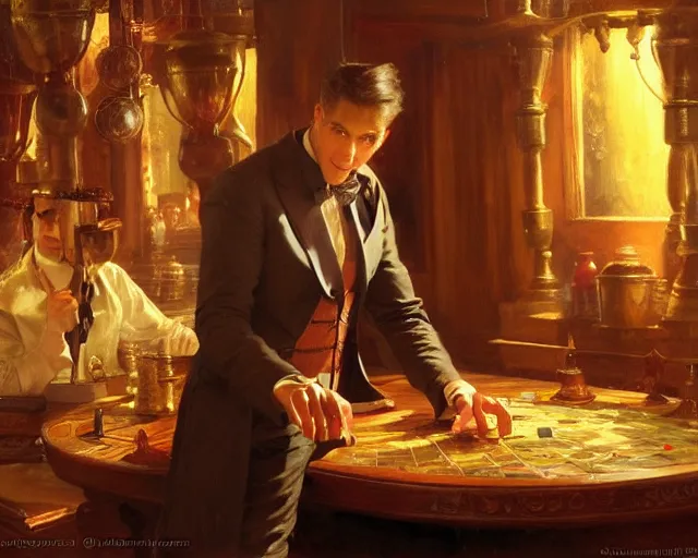 Image similar to attractive magician man, in magic shop. highly detailed painting by gaston bussiere, craig mullins, j. c. leyendecker 8 k