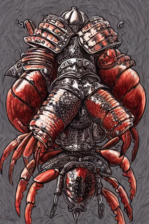 Prompt: human warrior, lobster themed armour, hermit crab, symmetrical, highly detailed, digital art, needles, sharp focus, trending on art station, kentaro miura manga art style