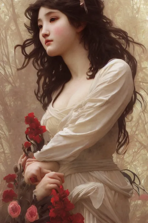 Image similar to Full View lovely maiden with the likeness of Eunha. masterpiece 4k digital illustration by Ruan Jia and Mandy Jurgens and Artgerm and william-adolphe bouguereau, award winning, Artstation, art nouveau aesthetic, Alphonse Mucha background, intricate details, realistic, panoramic view, Hyperdetailed, 8k resolution, intricate art nouveau