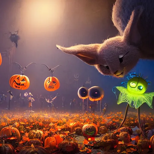 Prompt: halloween festival, expressive eyes, floating, rbc, bunny, radiolaria, protophyta, micro - organisms, center frame, symmetric, rim light, marine microbiology, bioluminescence, electric, fur, soft, concept art, intricate details, highly detailed, colorful, photorealistic, disney pixar, octane render,