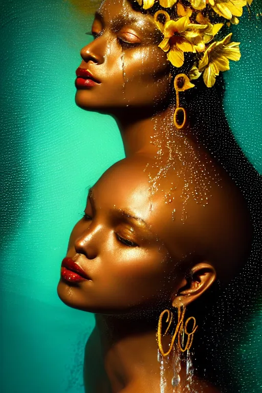 Prompt: hyperrealistic neo raphaelite cinematic very expressive! black oshun goddess, in water up to her shoulders, mirror dripping droplet!, gold flowers, highly detailed face, digital art masterpiece, smooth eric zener cam de leon chiaroscuro pearlescent teal light, tilt angle uhd 8 k, sharp focus