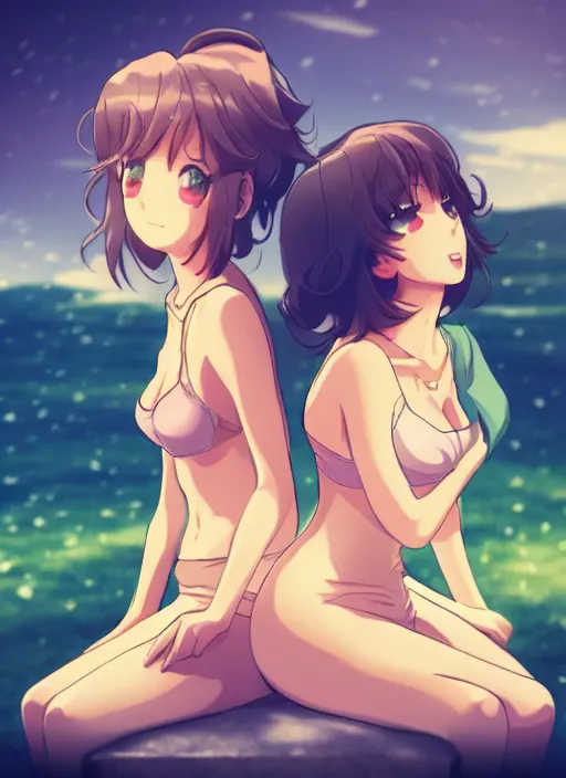 Image similar to two beautiful mature women sitting on a hot summer evening, gorgeous faces, thick lines, cinematic lighting, detailed anime art