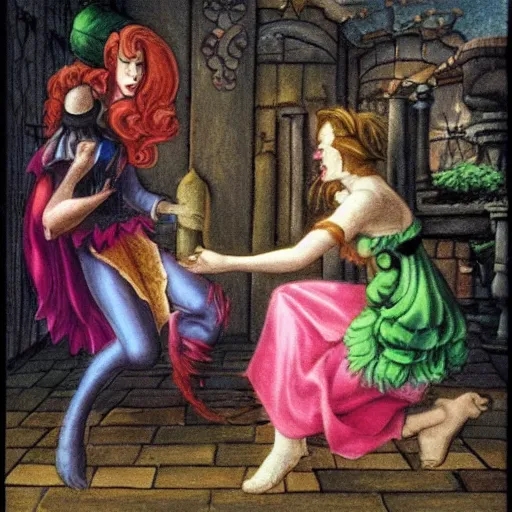 Image similar to a beautiful fairy princess is angry at a jester