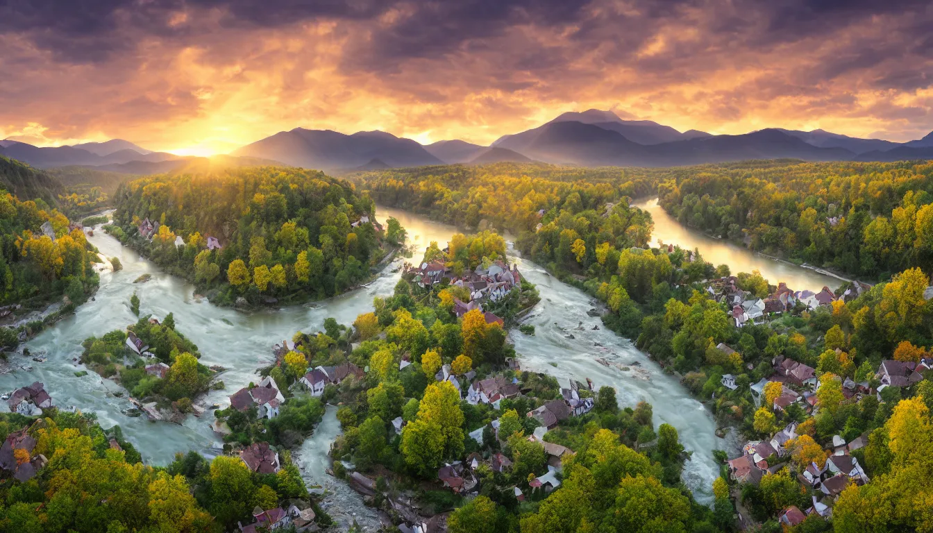 Prompt: stunning high quality landscape photograph of a beautiful village situated in a river valley viewed from a bridge at sunset, taken by daniel kordan, lighting by albert bierstadt, fujifilm x series, fujinon lens, 2 4 mm, f 1 6, flickr, 5 0 0 px, behance competition winner, photographer of the year, crepuscular rays