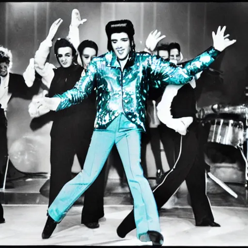 Image similar to black and white photograph of elvis dancing surrounded by teal aliens