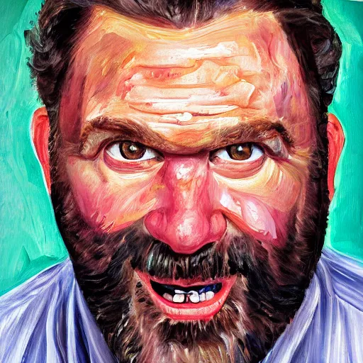 Prompt: uhd photorealisitc high quality high detail painting by lucian freud, exaggerated portrait of billy mays as the devil, studio lighting