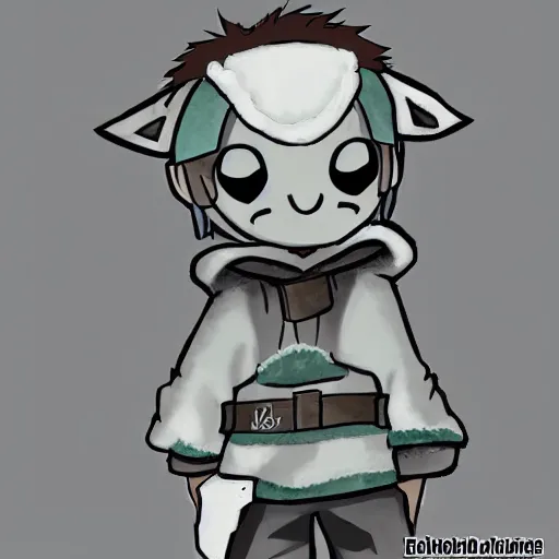 Prompt: little boy wearing sheep suit. white, gray, blue, green and brown pallet color. made in abyss art style, inspired in kris from deltarrune, cute detailed artwork