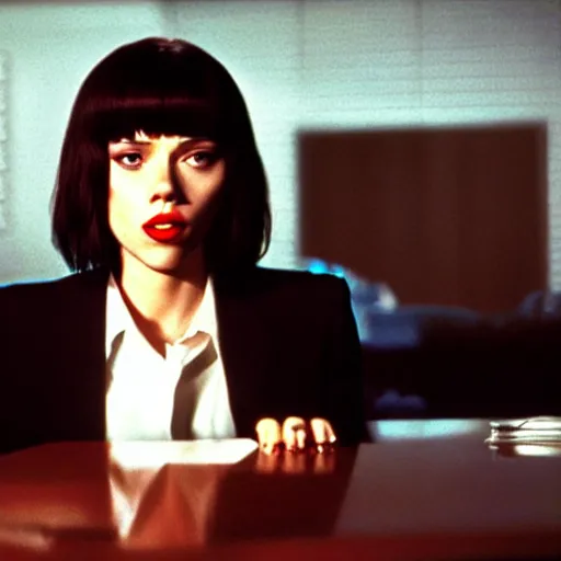 Prompt: Live Action Still of Scarlett Johansson in Pulp Fiction, real life, hyperrealistic, ultra realistic, realistic, highly detailed, epic, HD quality, 8k resolution, body and headshot, film still