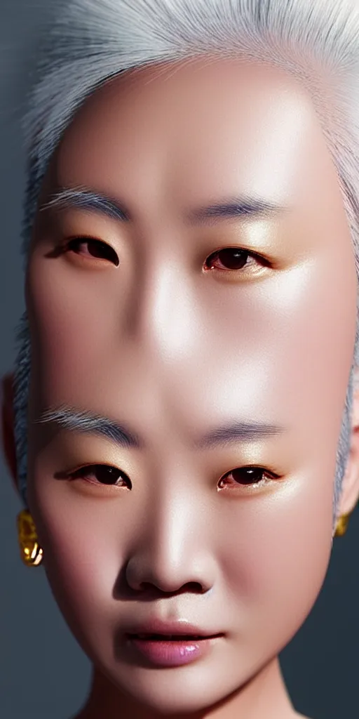 Prompt: hyperrealistic close-up of beautiful chinese woman with white hair and iridescent gold skin alberto mielgo