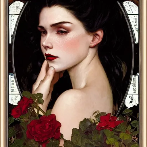 Prompt: portrait of a very beautiful vampire, top half of body, pensive expression, by Stanley Artgerm Lau, greg rutkowski, thomas kindkade, alphonse mucha, loish, norman rockwell, J. C. Leyendecker. dark black hair, pale skin, detailed eyes, red lips. framed by black flowers. Trending on artstation rule of thirds extremely detailed illustration hd 4k