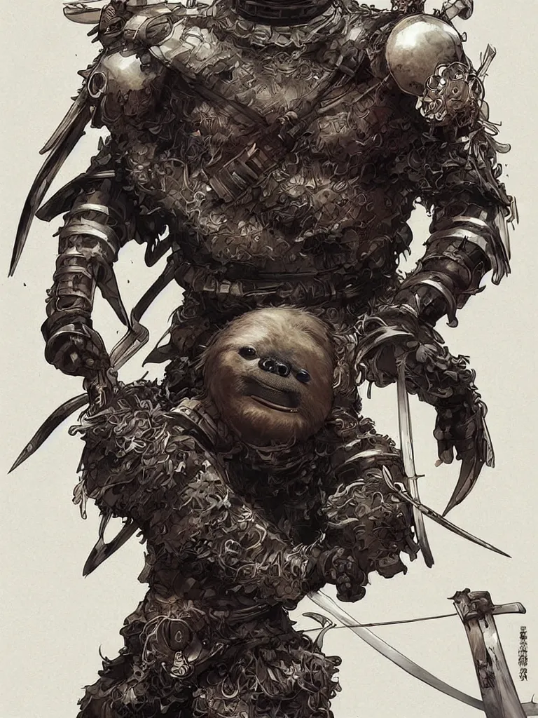 Image similar to graphic, hyperreal illustration of anthropomorphic sloth in traditional samurai armor : : digital art, concept art, character development : : illustrated by artgerm, yoji shinkawa, scott buoncristiano, nychos