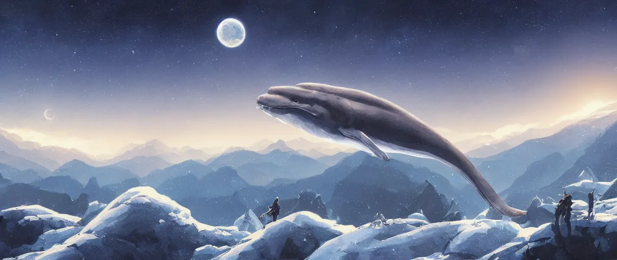 Prompt: blue whale flying in sky, above mountains, concept art, snow, starry sky, nighttime, full moon, by Jordan grimmer, realistic, high detail