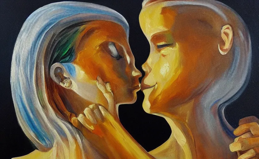 Prompt: This is the most creative and extraordinary oil painting, without frame, ever created, it\'s about a couple that love each other deeply but can\'t be together, something extremely new to humankind that never existed before, just mind-blowing, shapes that only gods know, golden and silver colors