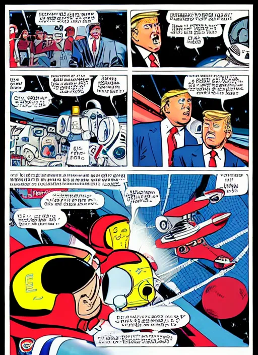 Image similar to a full page panel drawn by bill watterspn depicting trump and spaceman spiff