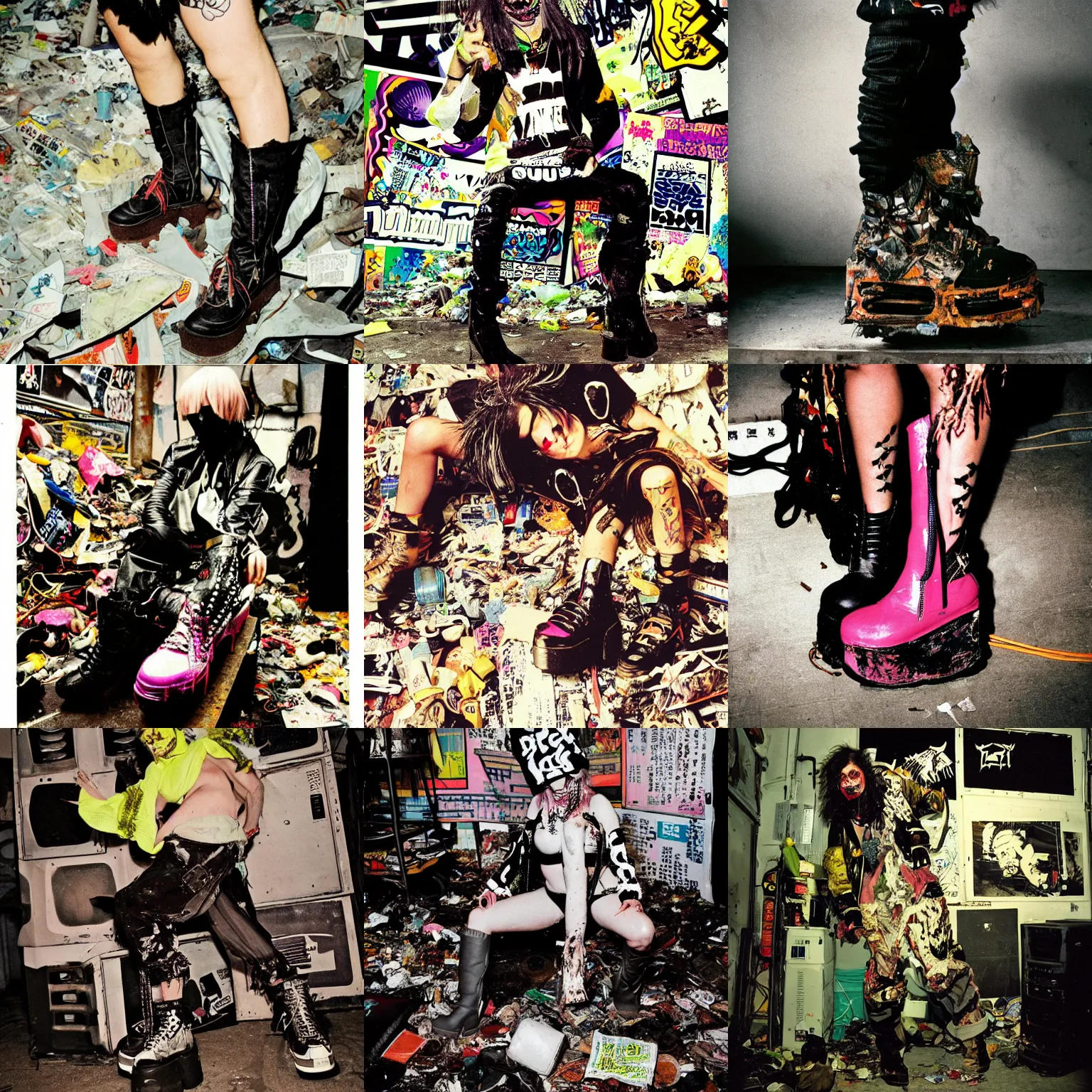 Prompt: photo of ripped up dirty platform boots by Swear in the style of Rammellzee Garbage Gods in the style of 1990's FRUiTS magazine 20471120 in japan in a dirty dark dark dark poorly lit bedroom full of trash and garbage server racks and cables everywhere in the style of Juergen Teller in the style of Shoichi Aoki, japanese street fashion, KEROUAC magazine, magazine 1990's, Vivienne Westwood, y2K aesthetic