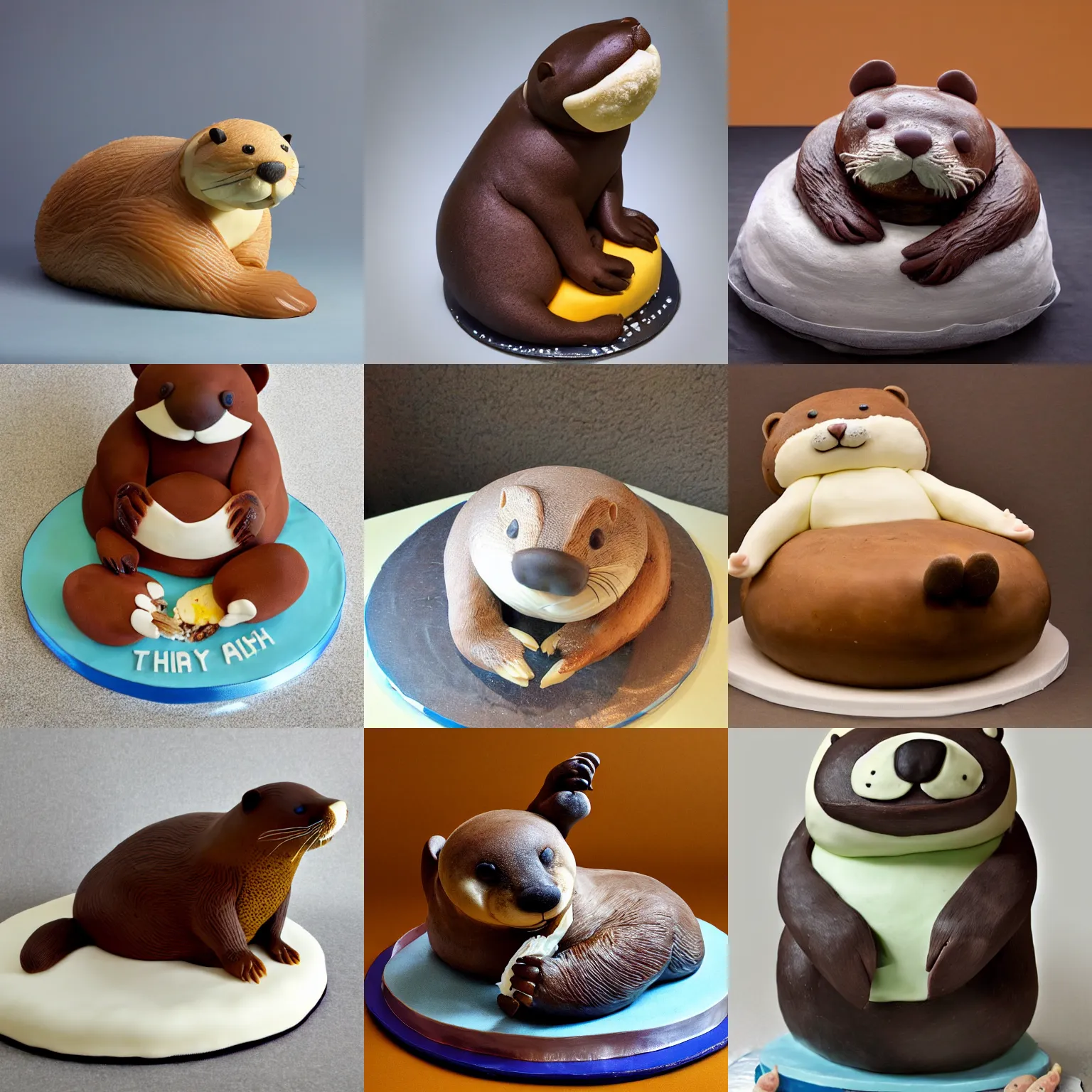 Prompt: cake sculpture of a fat otter lying on his back and eating fish, cake sculpture, otter - shaped cake, otter, food photography