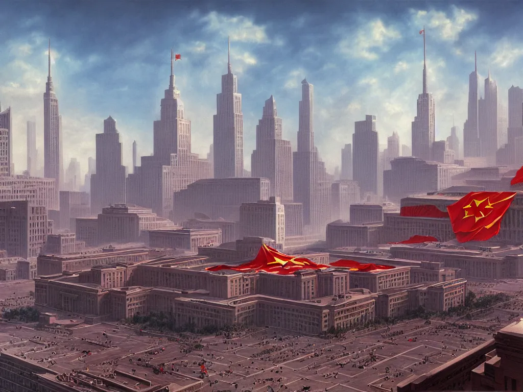 Image similar to matte painting by fan wennan. communist american future capitol shining in the sun after the triumph of socialism in america, hyperdetailed, cinematic, photorealistic, hyperrealism, masterpiece, grounded rectangular communist governmental architecture, statue, imposing, strength, abundance. american communist party. america 2 0 9 8