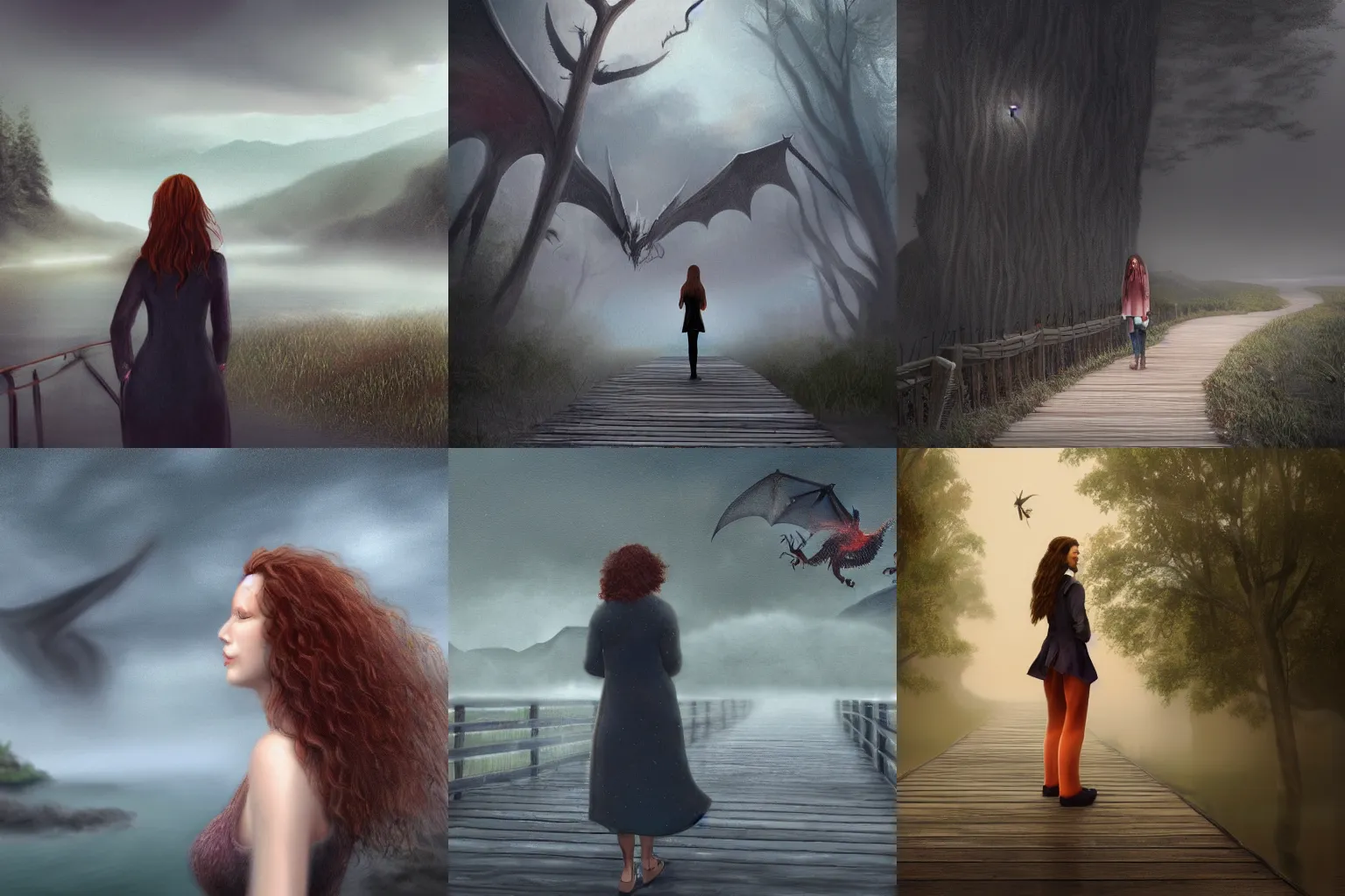 Prompt: a realistic digital painting of a woman with curly long redhair standing in a boardwalk besides a river looking at a dragon flying out of the mountains in a fog during a thunderous weather. Trending on ArtStation