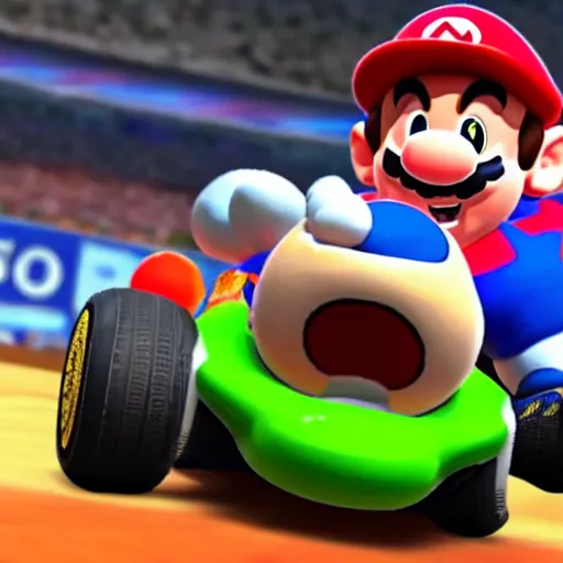 Prompt: Gameplay screenshot of Lionel Messi as toad in Mario Kart, Mushroom hat, Nintendo, Red Bull